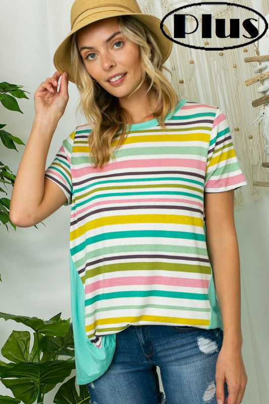 PLUS MULTI STRIPE PRINT JERSEY TOP