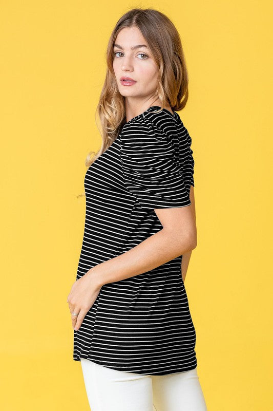 Plus Stripe Puff Ruched Sleeve Top