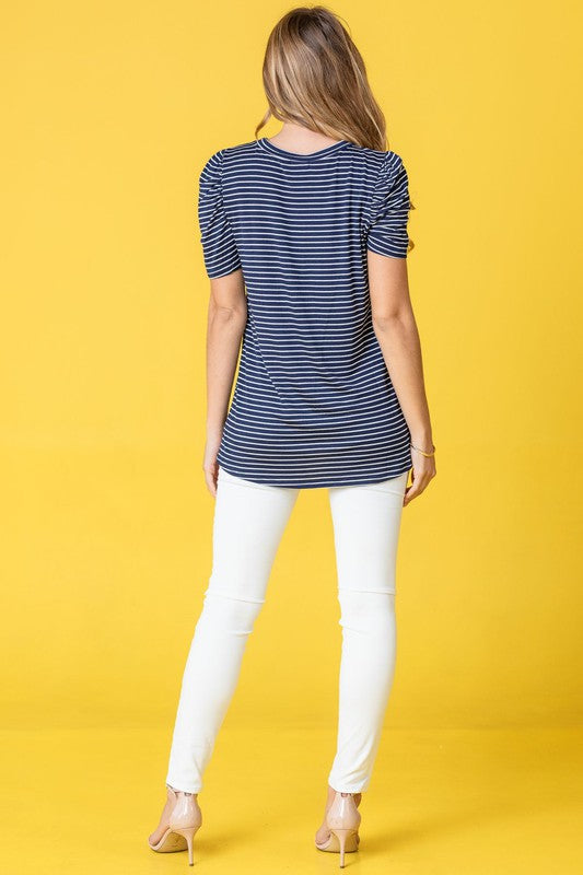 Plus Stripe Puff Ruched Sleeve Top