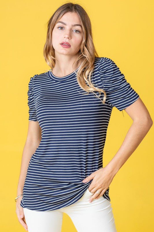 Plus Stripe Puff Ruched Sleeve Top