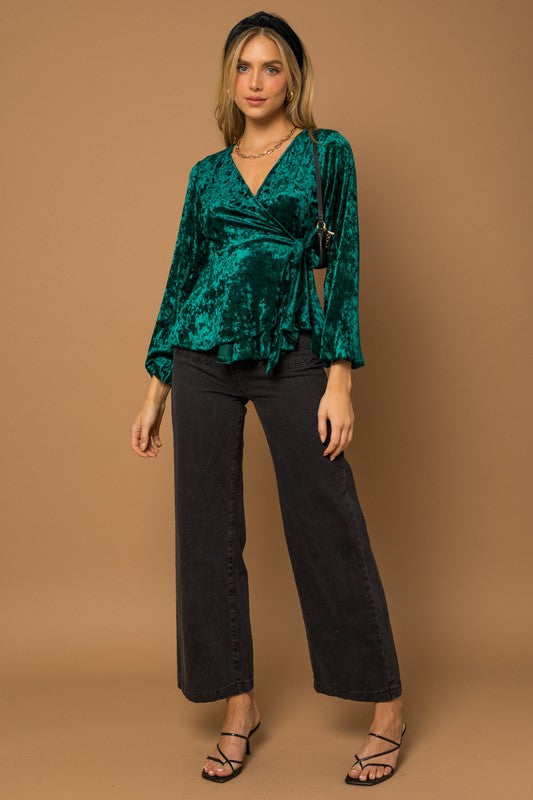 L/S Wrap Waist Tie Velvet Top