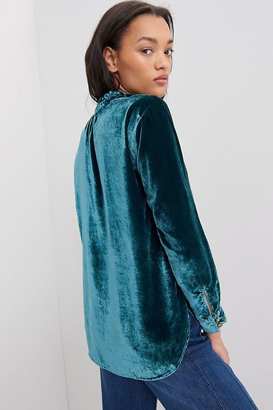 Velvet Button Frilled Neck Blouse Top