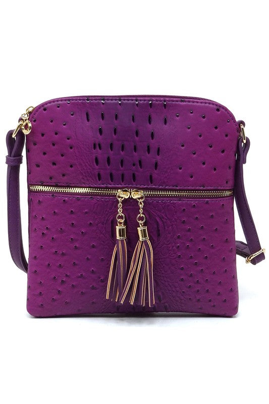 Ostrich Croc Zip Tassel Crossbody Bag