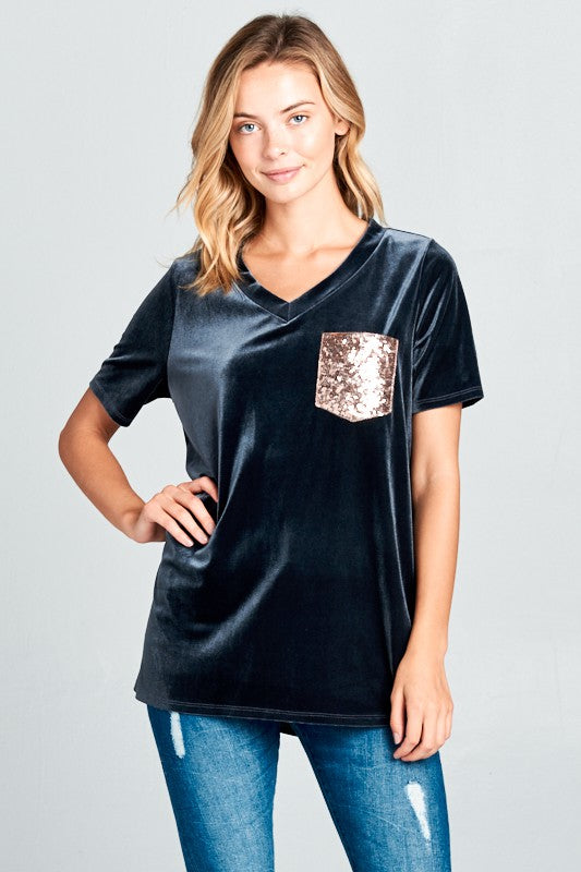 VELVET SEQUINCE POCKET BOXY TOP