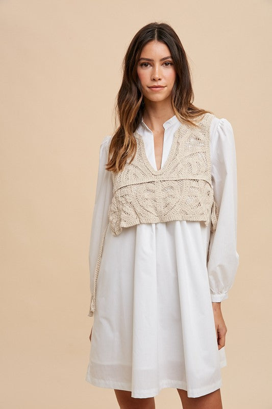 Annie Wear Crochet Vest Notched Long Sleeve Shirt Dress